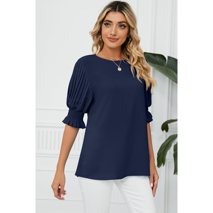 Frill Round Neck Lantern Sleeve T - Shirt Navy / S Apparel and Accessories