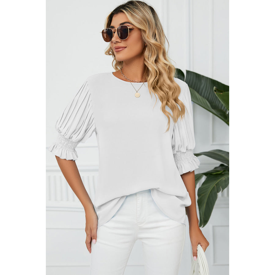Frill Round Neck Lantern Sleeve T - Shirt White / S Apparel and Accessories