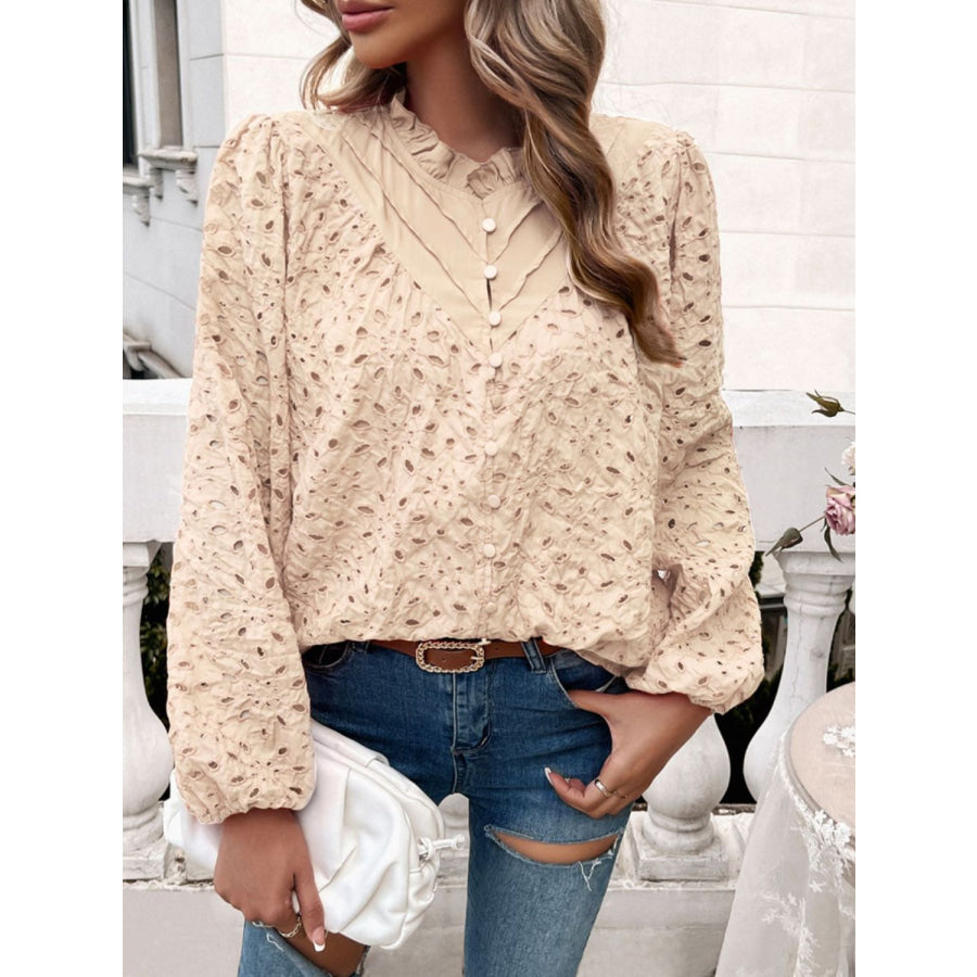 Frill Round Neck Long Sleeve Shirt Apparel and Accessories