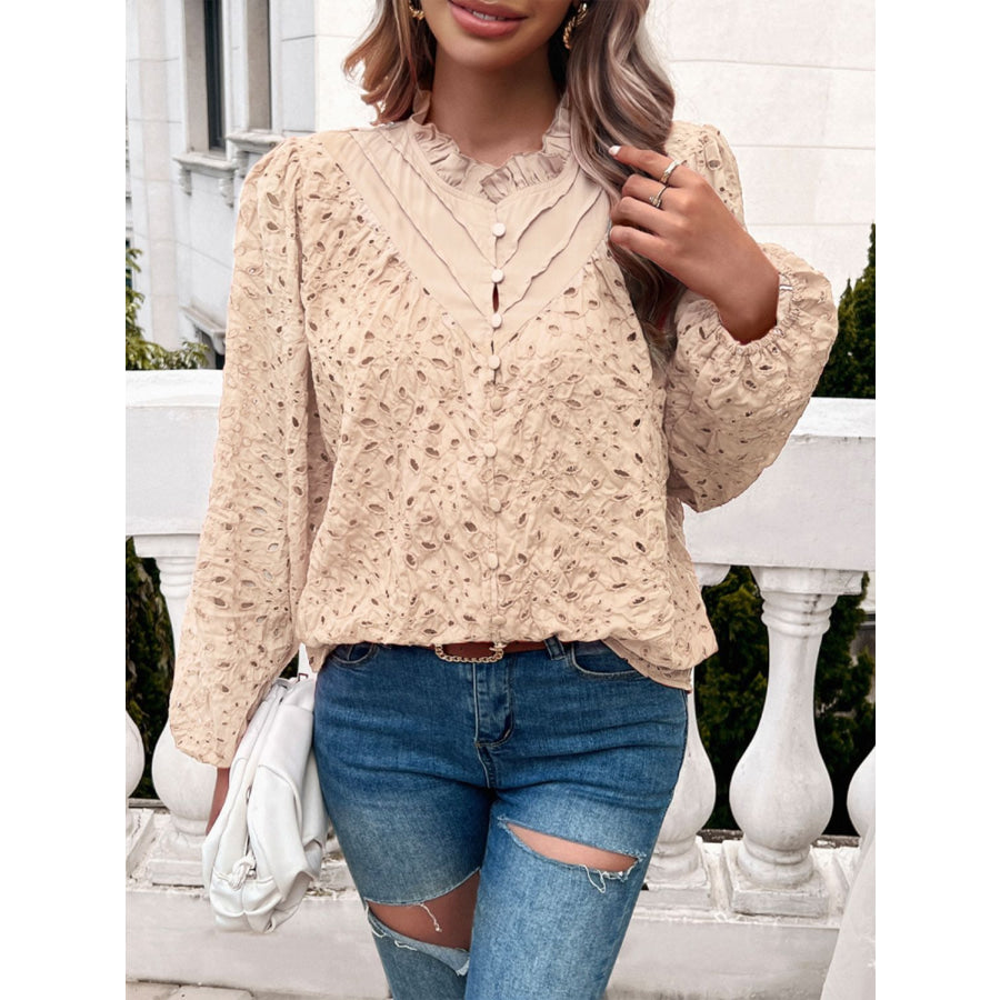 Frill Round Neck Long Sleeve Shirt Apparel and Accessories