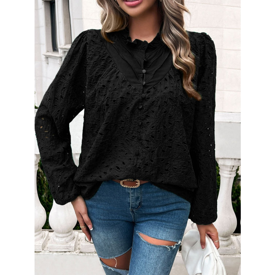 Frill Round Neck Long Sleeve Shirt Apparel and Accessories