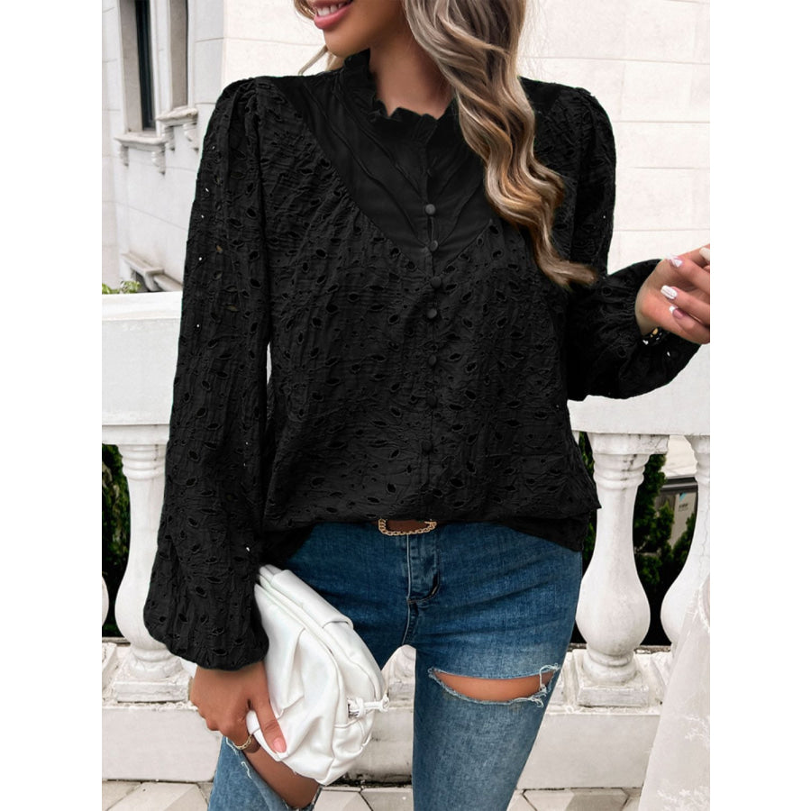 Frill Round Neck Long Sleeve Shirt Black / S Apparel and Accessories
