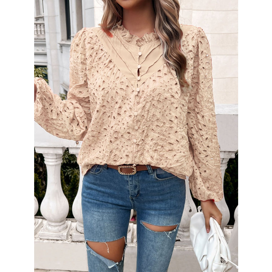 Frill Round Neck Long Sleeve Shirt Tan / S Apparel and Accessories