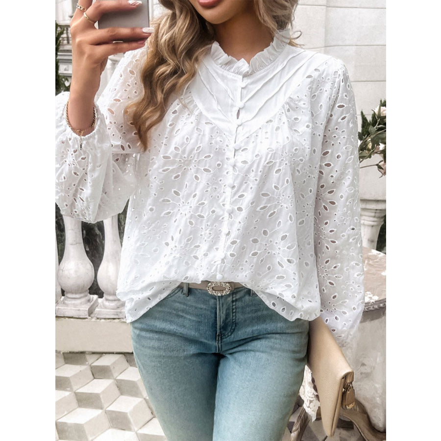 Frill Round Neck Long Sleeve Shirt White / S Apparel and Accessories