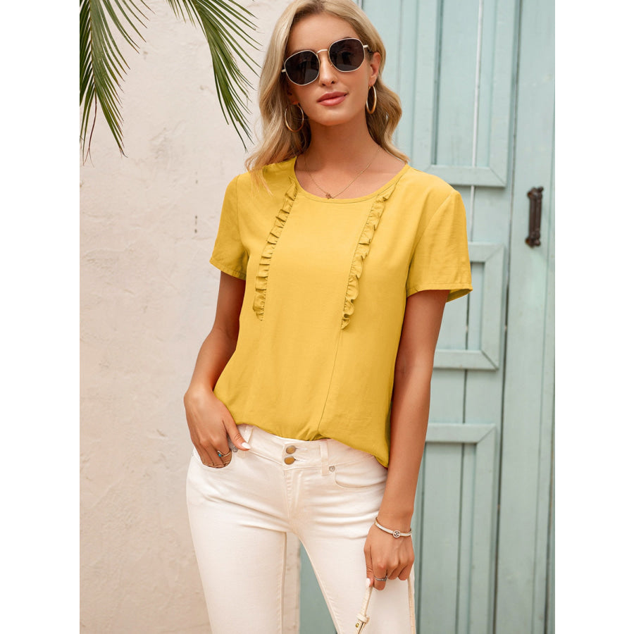 Frill Round Neck Short Sleeve Blouse True Yellow / S Apparel and Accessories