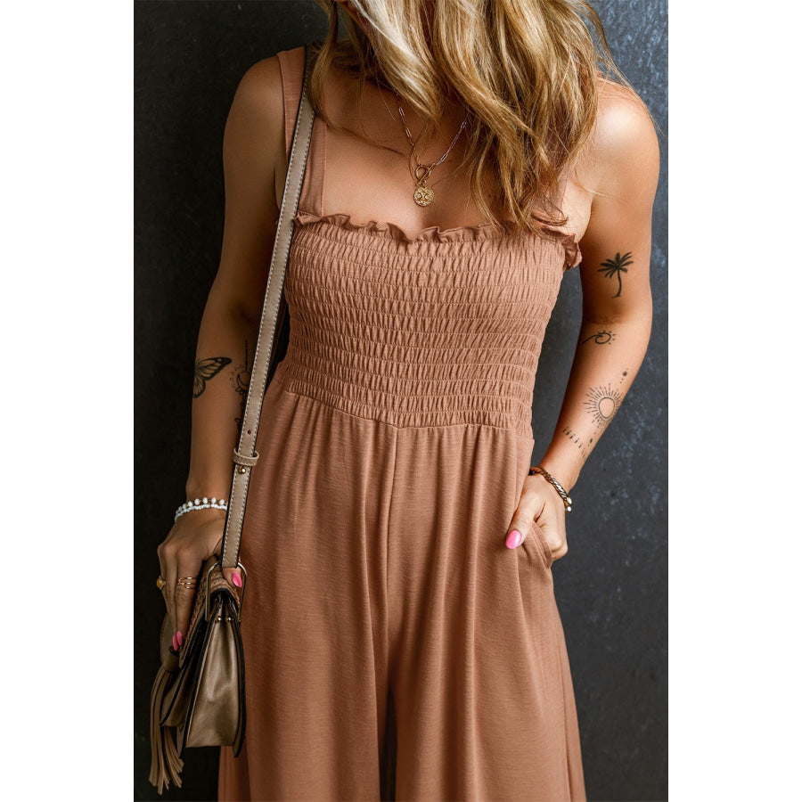 Frill Smocked Wide Leg Jumpsuit Apparel and Accessories