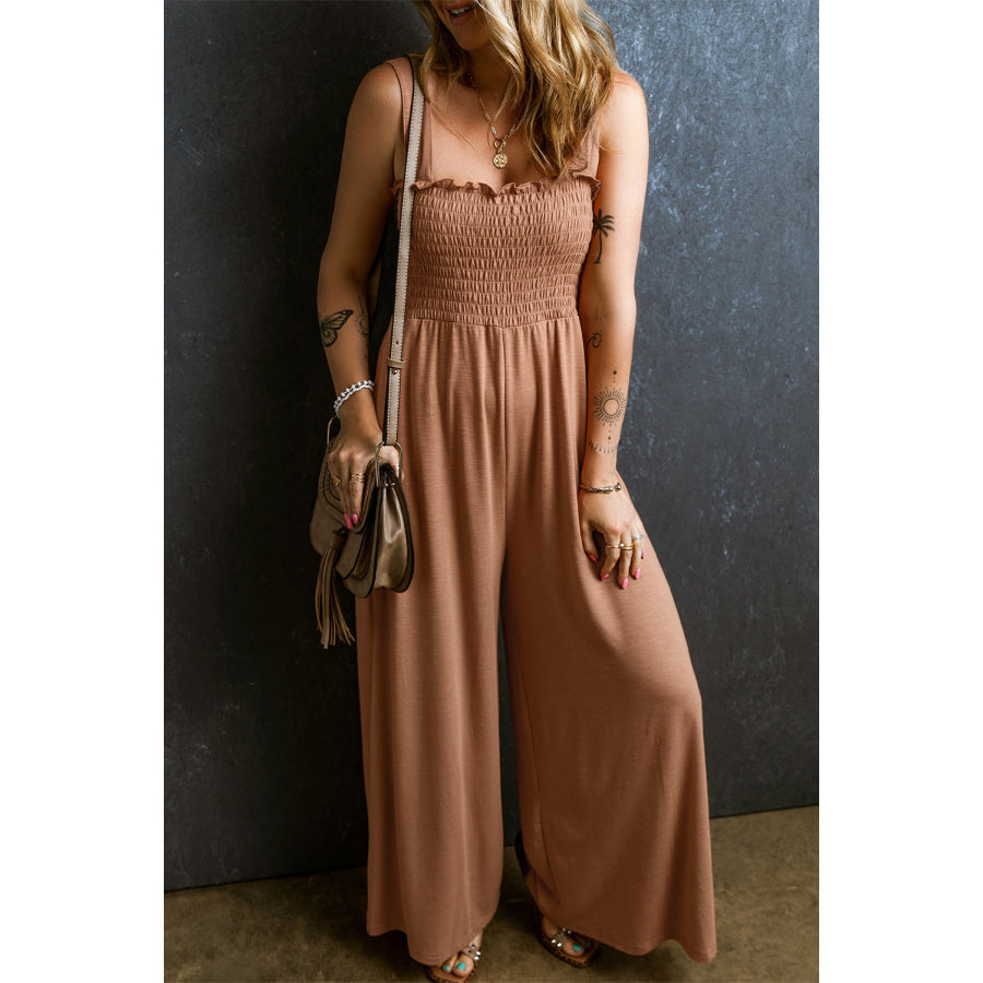 Frill Smocked Wide Leg Jumpsuit Camel / S Apparel and Accessories