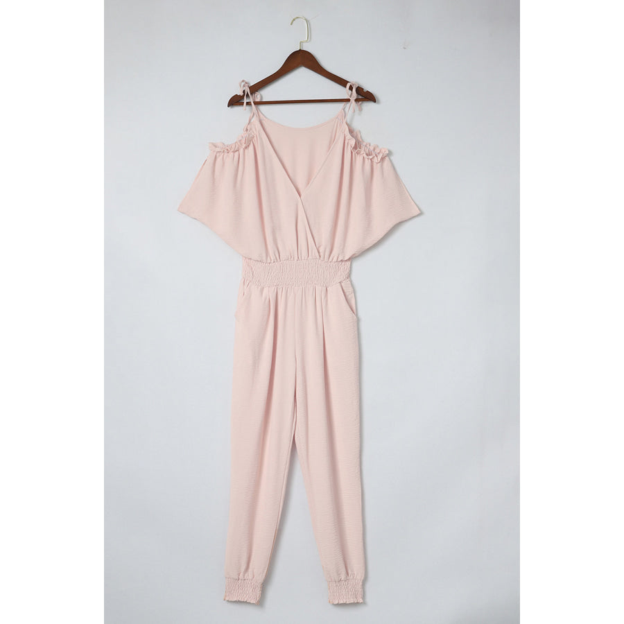 Frill Surplice Cold Shoulder Jumpsuit Apparel and Accessories