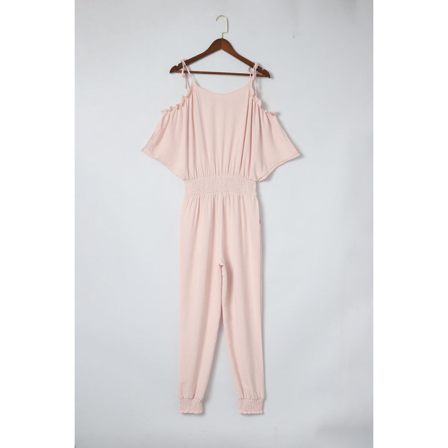Frill Surplice Cold Shoulder Jumpsuit Apparel and Accessories