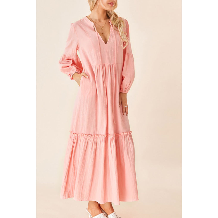 Frill Tiered Tie Neck Long Sleeve Dress Watermelon pink / S Apparel and Accessories