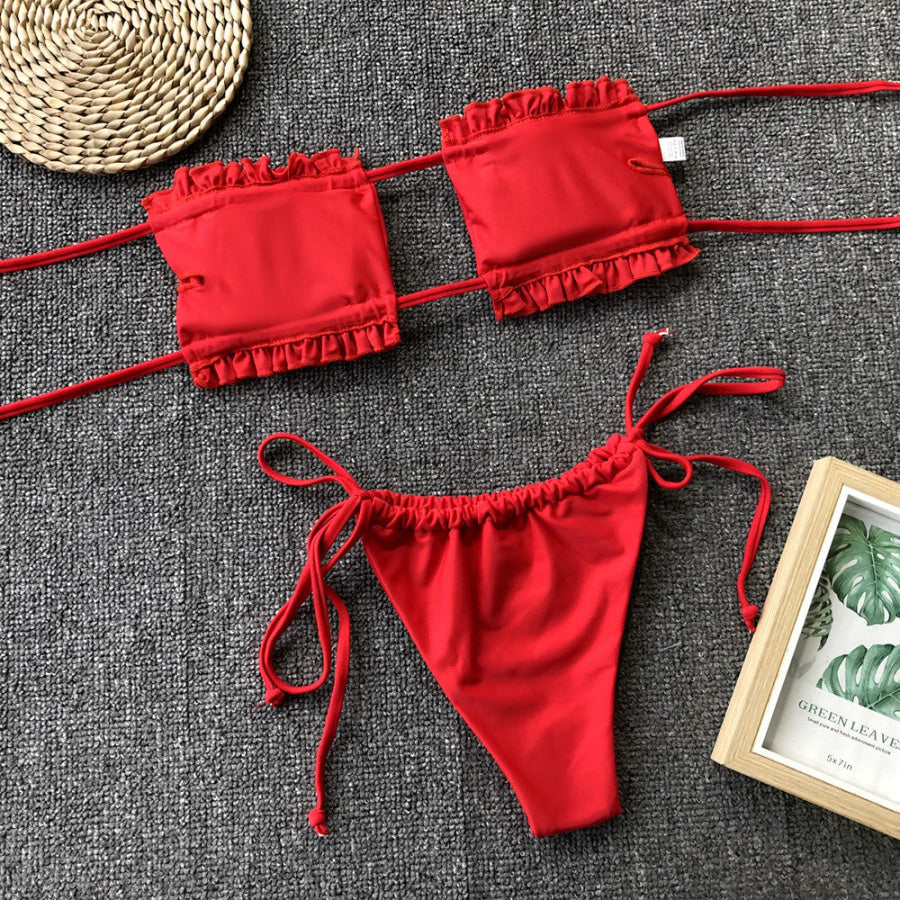 Frill Trim Ruched Bikini Set Apparel and Accessories