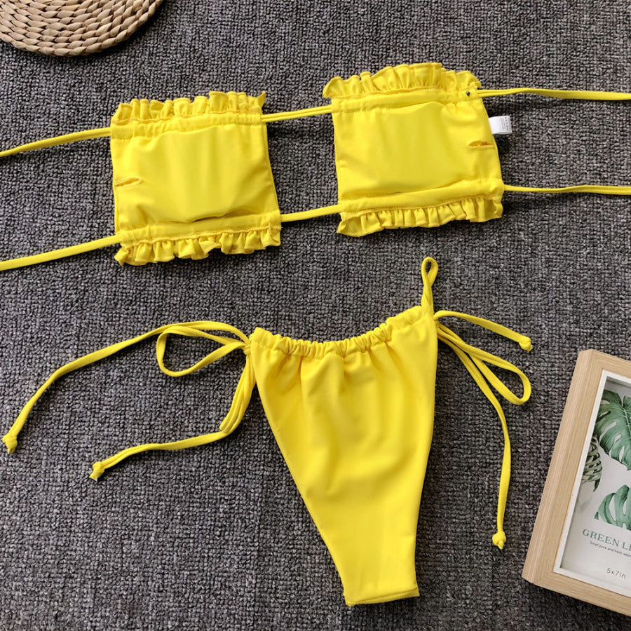 Frill Trim Ruched Bikini Set Apparel and Accessories