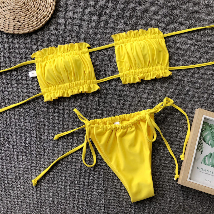 Frill Trim Ruched Bikini Set Apparel and Accessories
