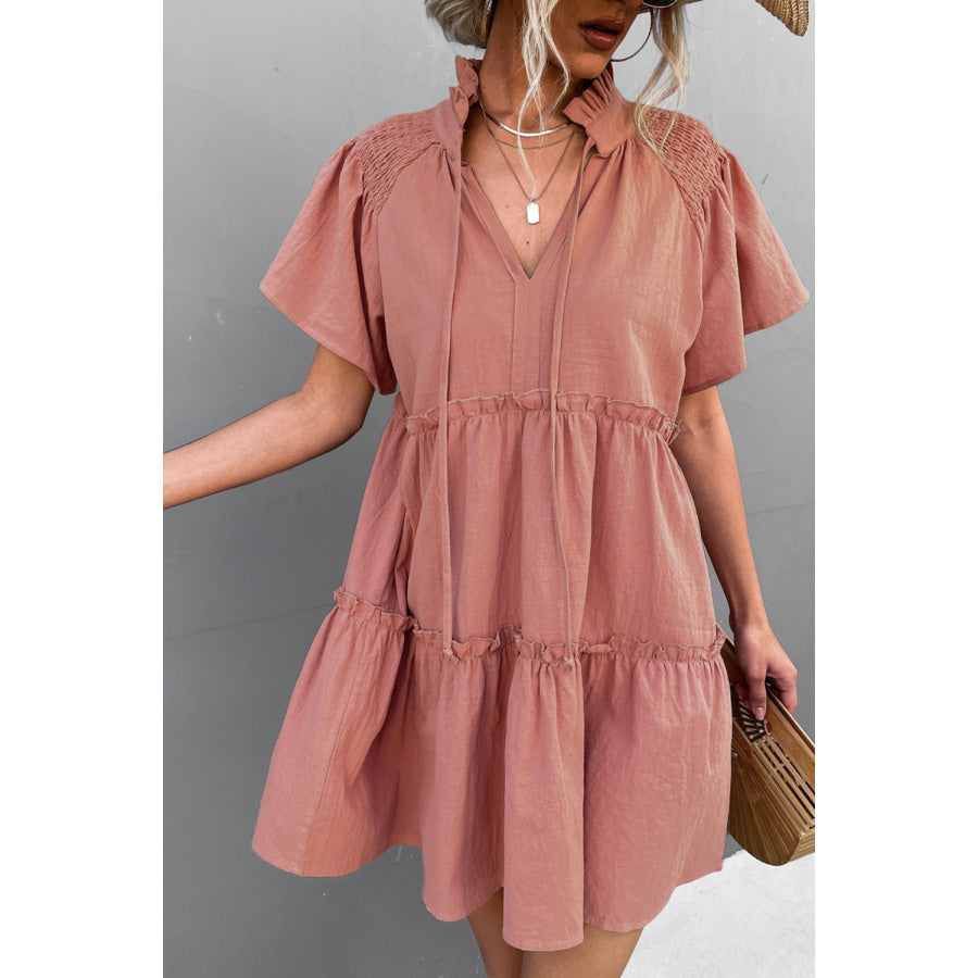 Frill Trim Smocked Tie Neck Dress Pink / S