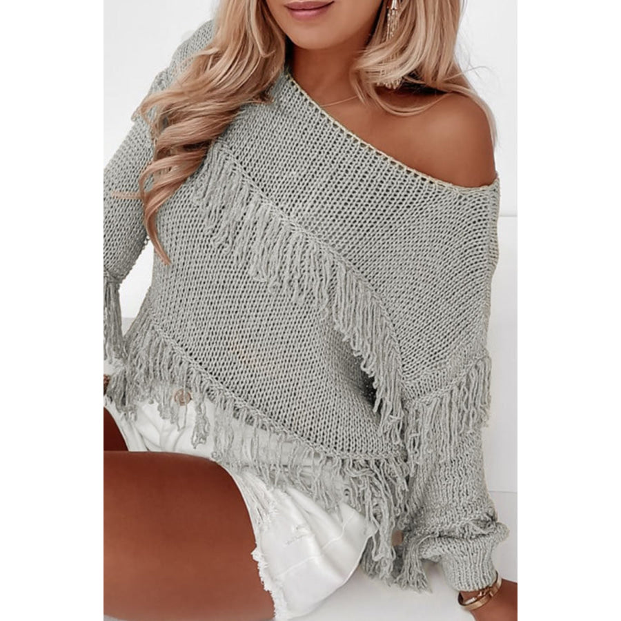 Fringe Boat Neck Long Sleeve Sweater Gray / S Apparel and Accessories