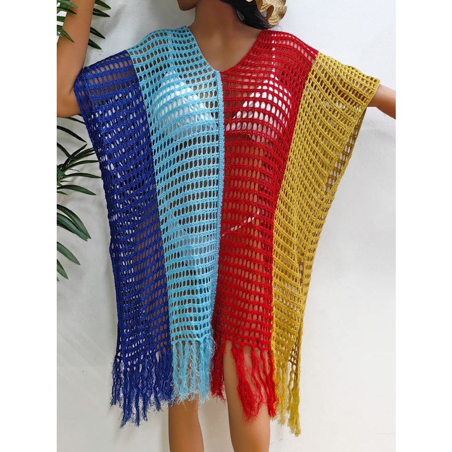 Fringe Color Block Scoop Neck Cover Up Apparel and Accessories