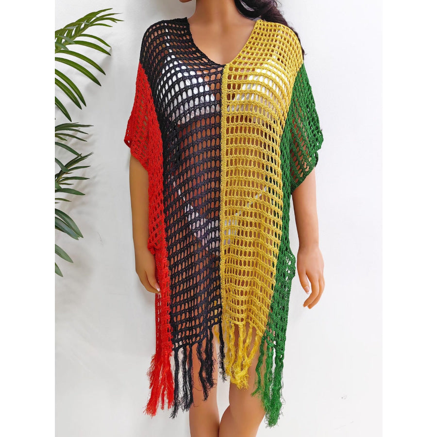 Fringe Color Block Scoop Neck Cover Up Apparel and Accessories