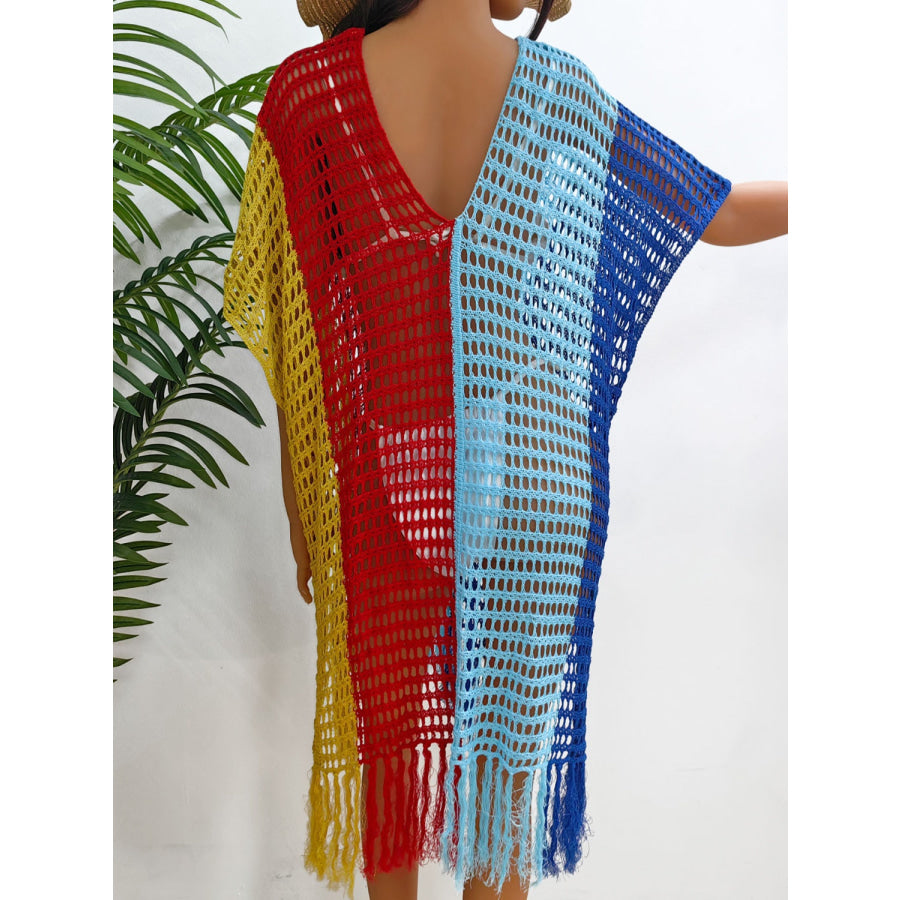 Fringe Color Block Scoop Neck Cover Up Apparel and Accessories