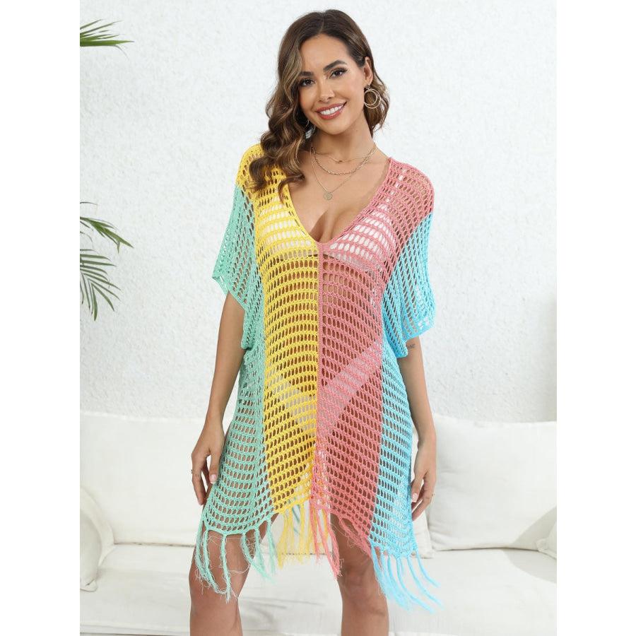 Fringe Color Block Scoop Neck Cover Up Apparel and Accessories