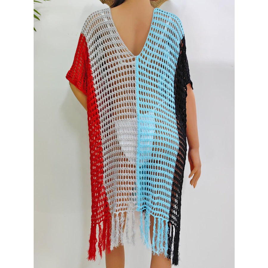 Fringe Color Block Scoop Neck Cover Up Apparel and Accessories