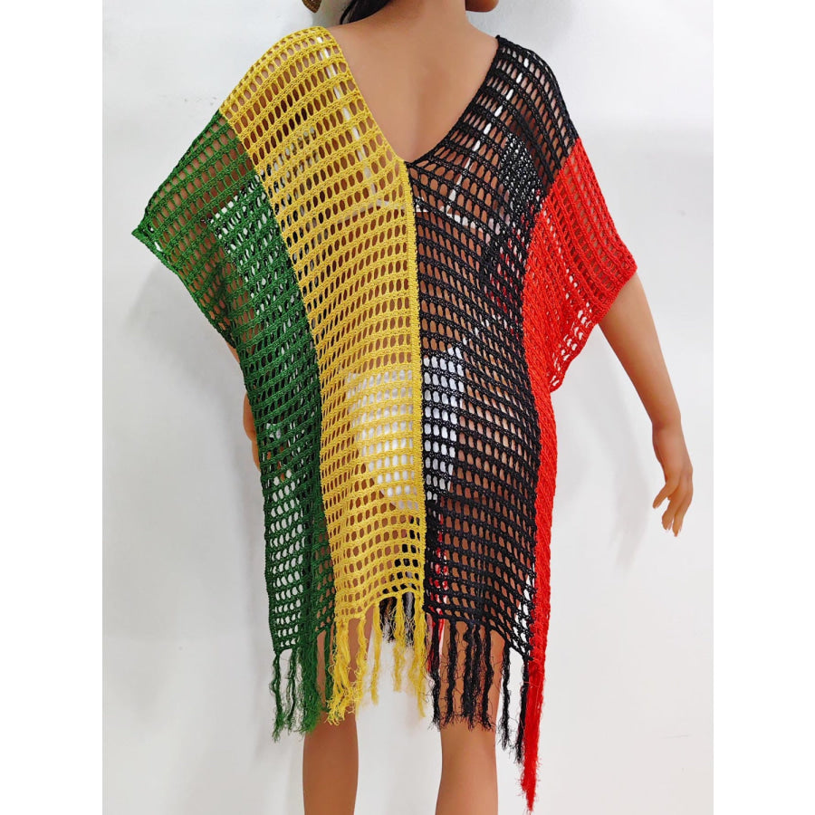 Fringe Color Block Scoop Neck Cover Up Apparel and Accessories