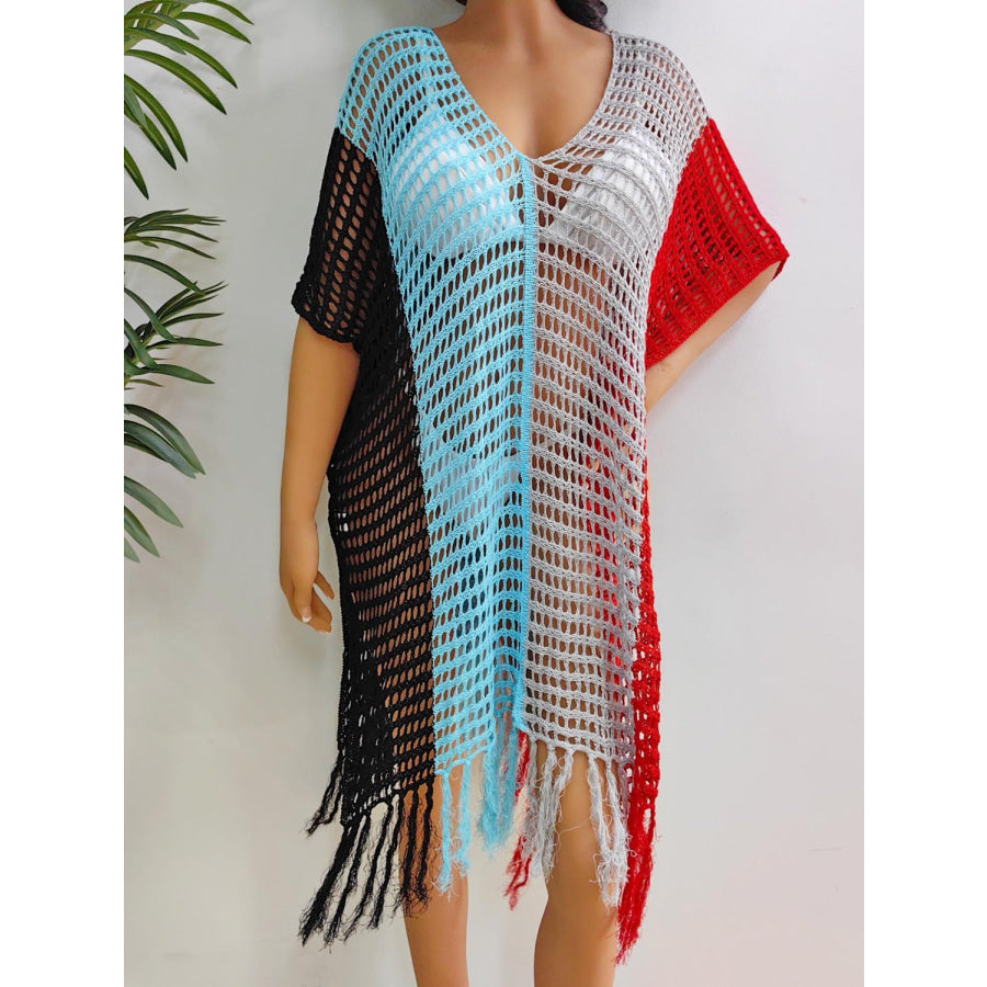 Fringe Color Block Scoop Neck Cover Up Black / One Size Apparel and Accessories