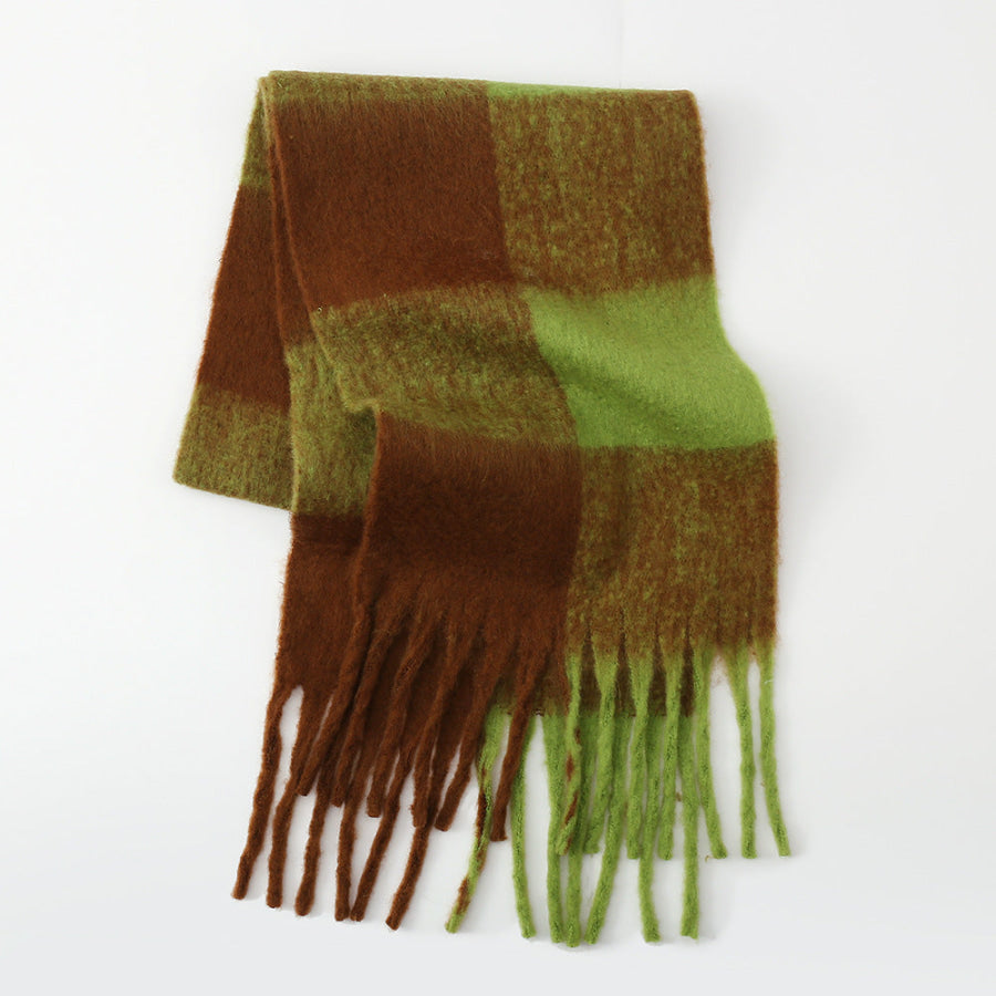 Fringe Contrast Plaid Polyester Scarf Olive Brown / One Size Apparel and Accessories