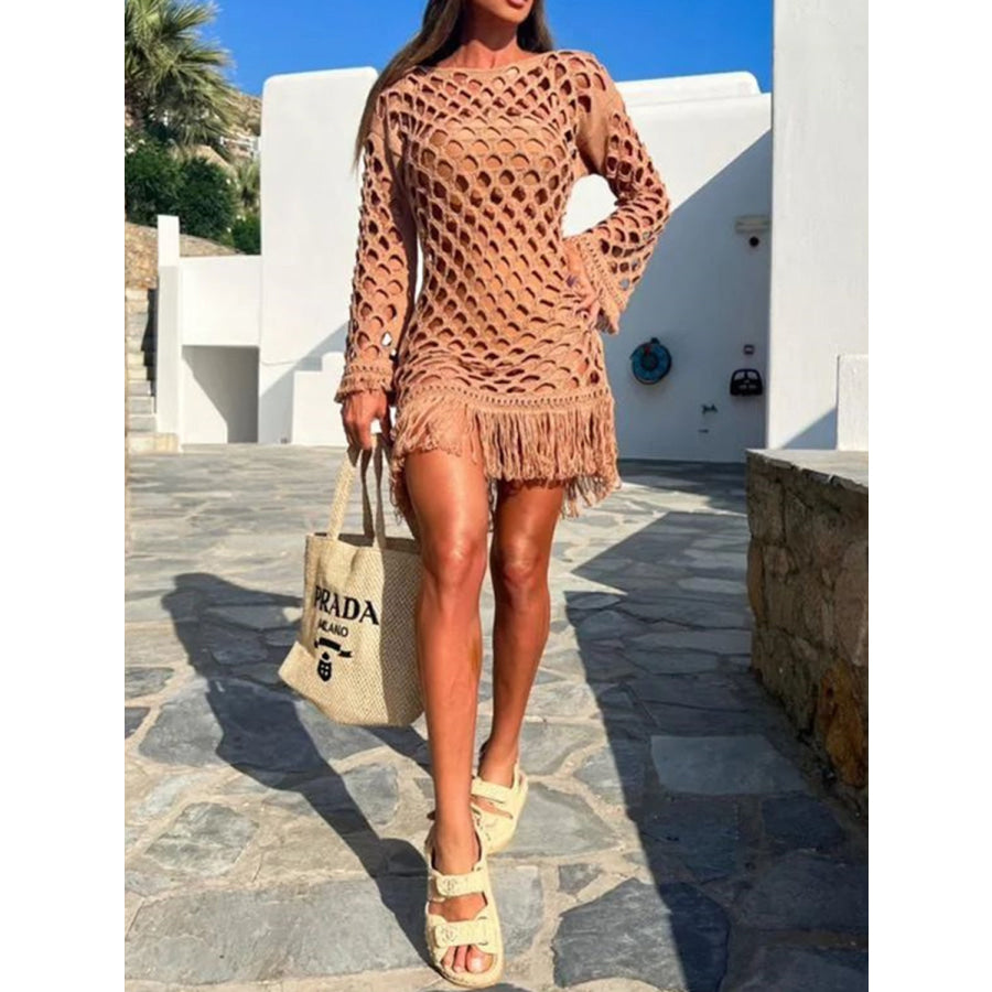 Fringe Cutout Long Sleeve Cover Up Apparel and Accessories