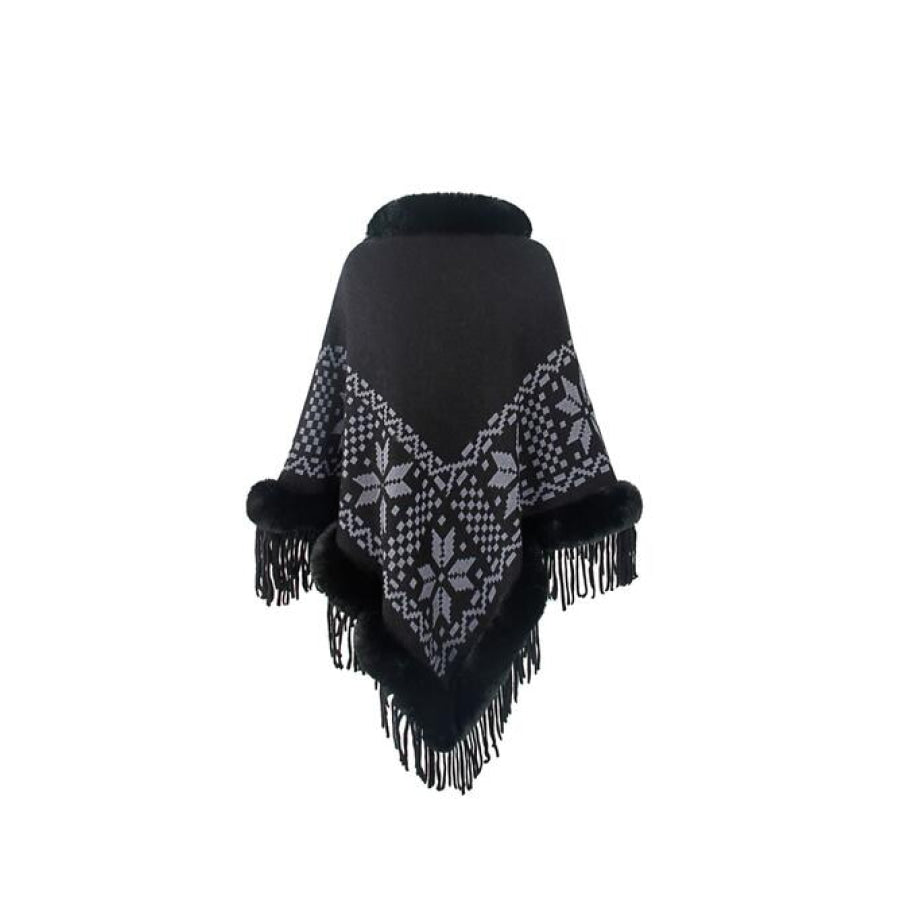 Fringe Geometric Cape Sleeve Poncho Black / One Size Shirts & Tops