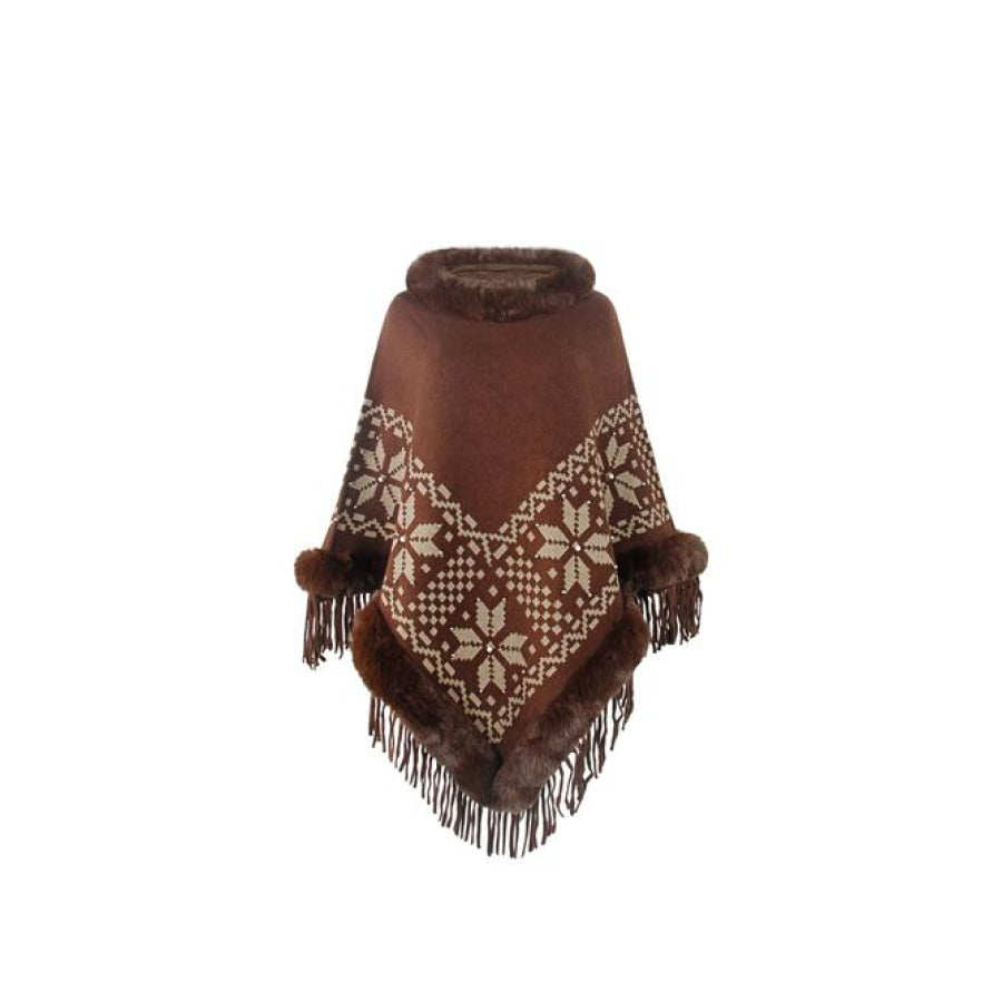 Fringe Geometric Cape Sleeve Poncho Coffee Brown / One Size Shirts & Tops