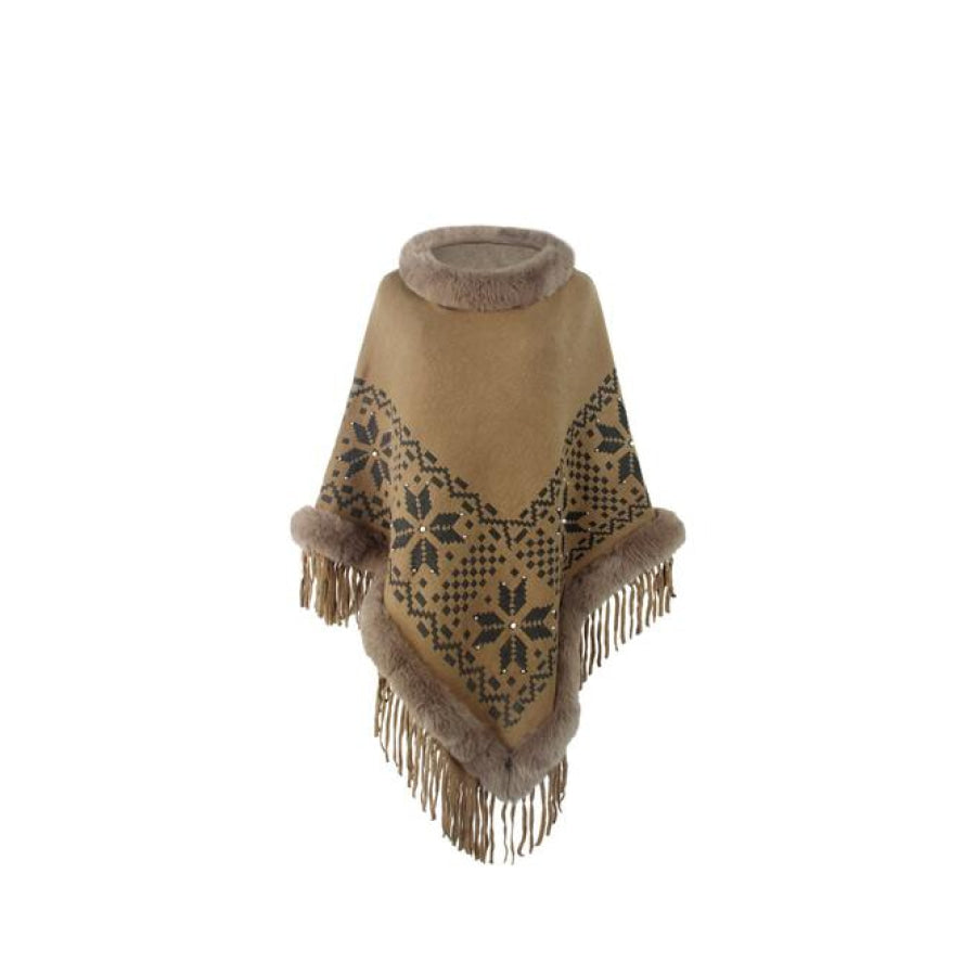 Fringe Geometric Cape Sleeve Poncho Khaki / One Size Shirts & Tops