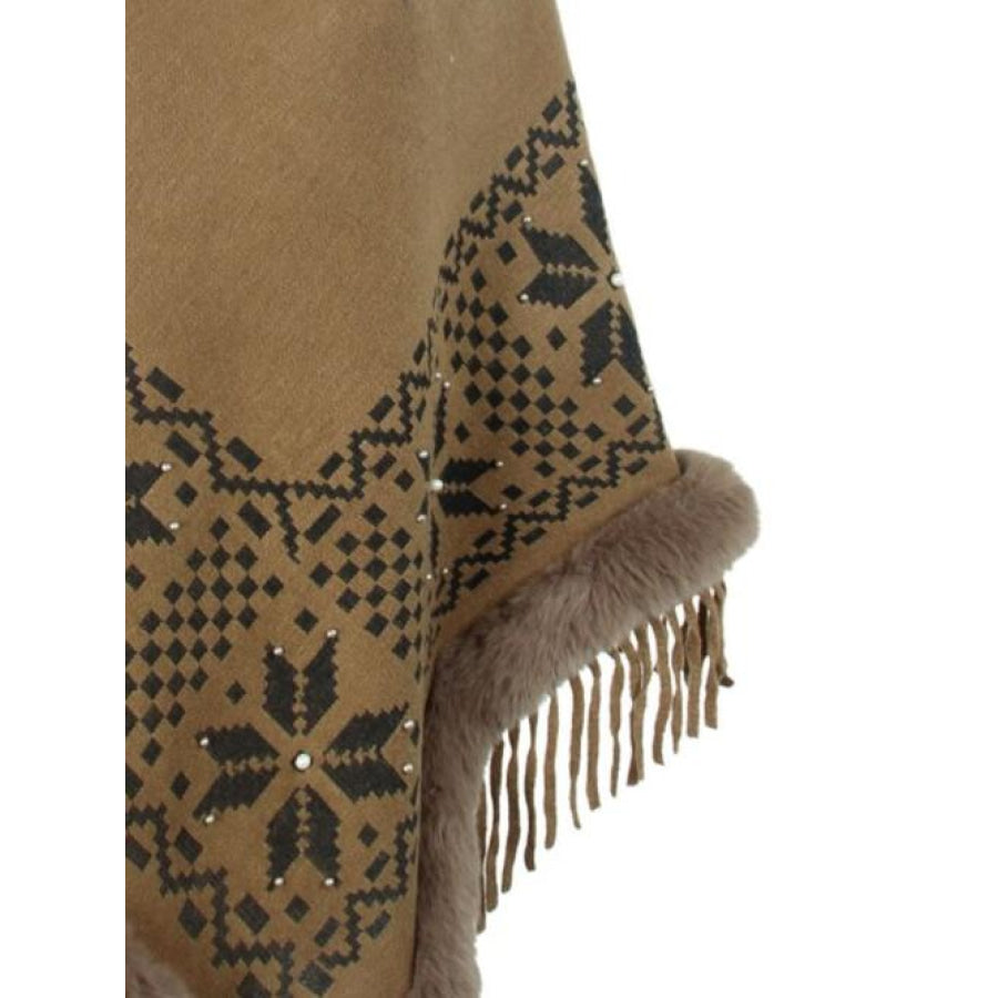 Fringe Geometric Cape Sleeve Poncho Shirts & Tops