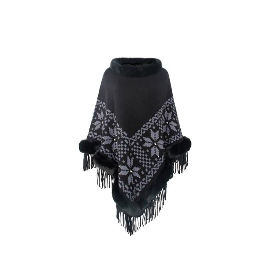 Fringe Geometric Cape Sleeve Poncho Shirts & Tops