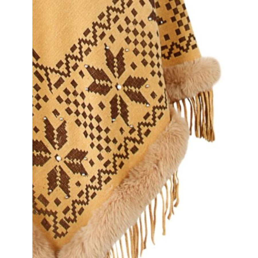 Fringe Geometric Cape Sleeve Poncho Shirts & Tops