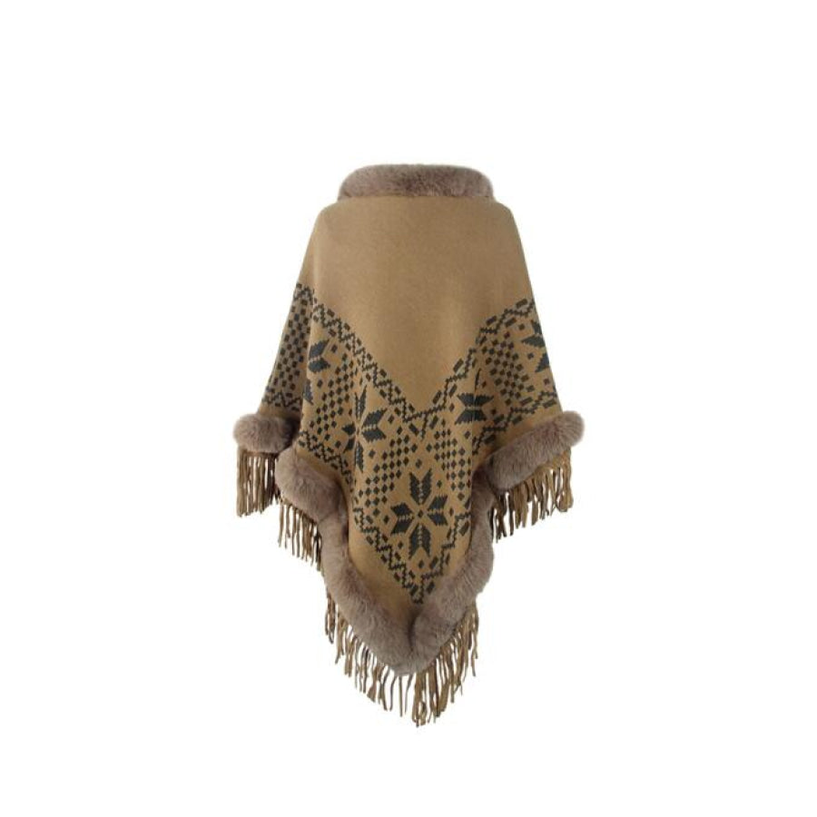 Fringe Geometric Cape Sleeve Poncho Shirts & Tops