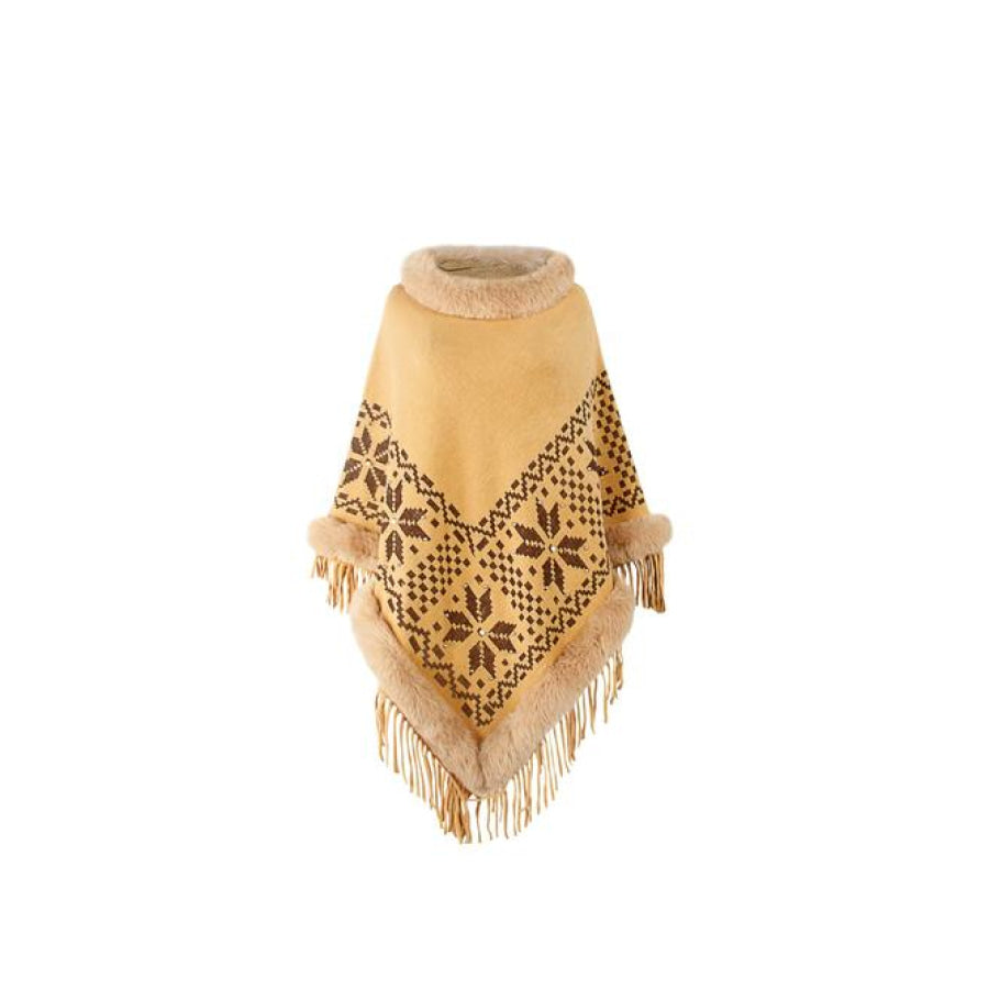 Fringe Geometric Cape Sleeve Poncho Tan / One Size Shirts & Tops