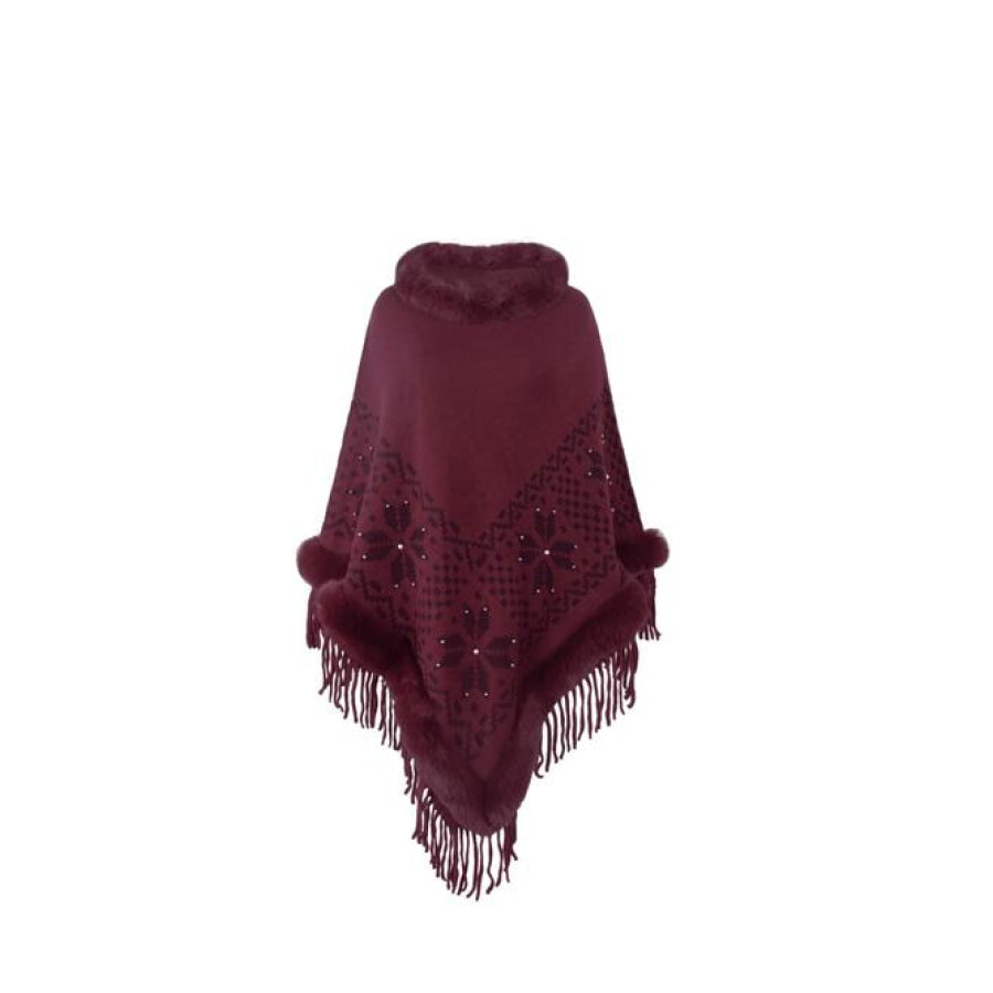 Fringe Geometric Cape Sleeve Poncho Wine / One Size Shirts & Tops