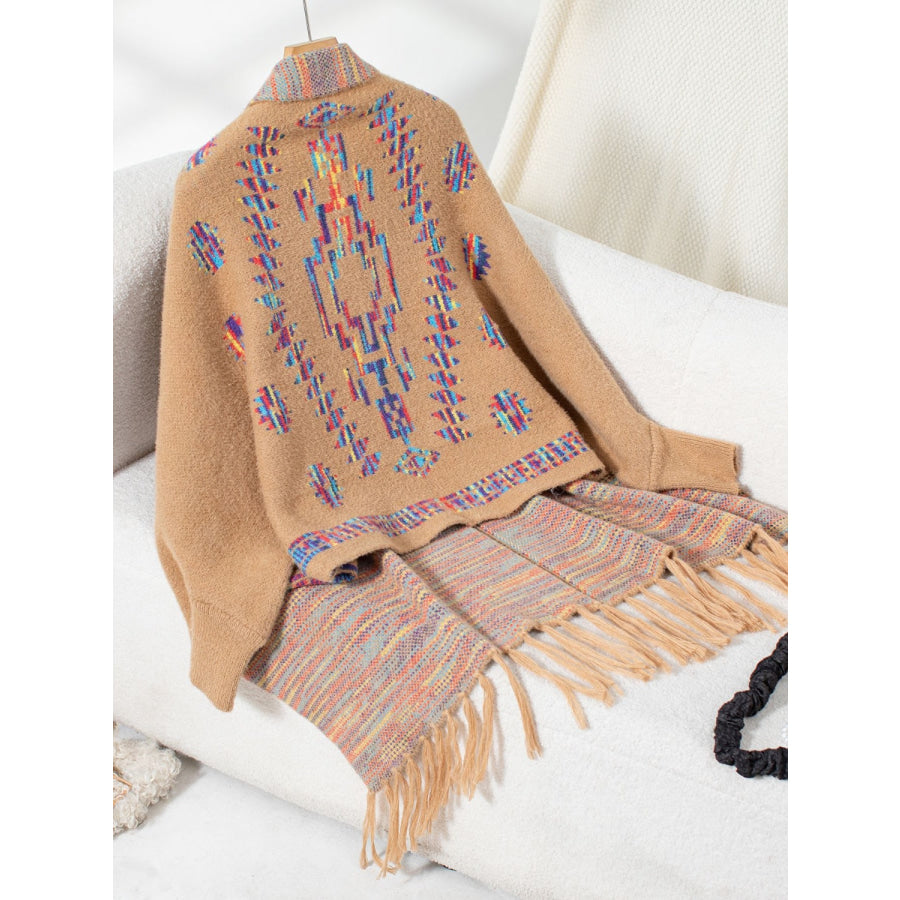 Fringe Geometric Open Front Long Sleeve Cape Apparel and Accessories