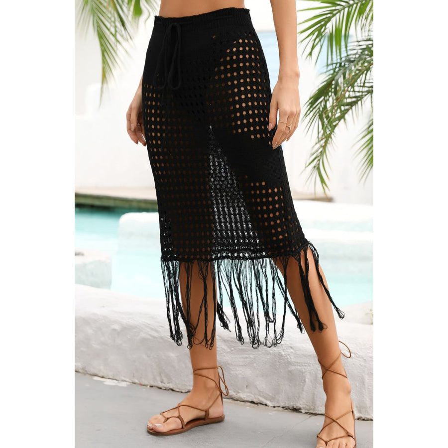 Fringe Hem Drawstring Waist Openwork Skirt