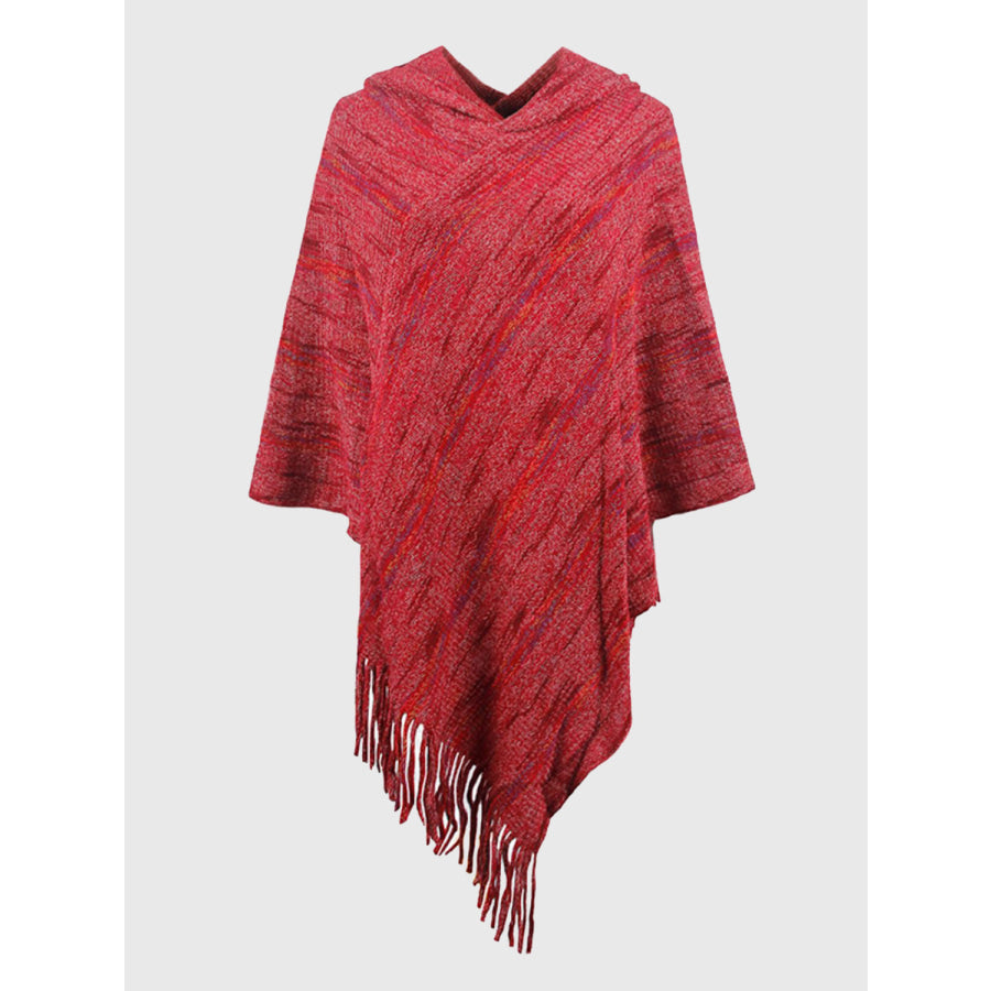 Fringe Hem Hooded Poncho Wine / One Size
