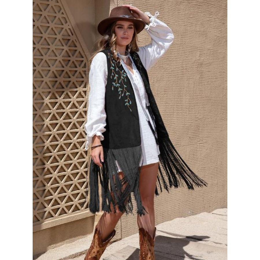 Fringe Hem Open Front Vest Black / S Clothing
