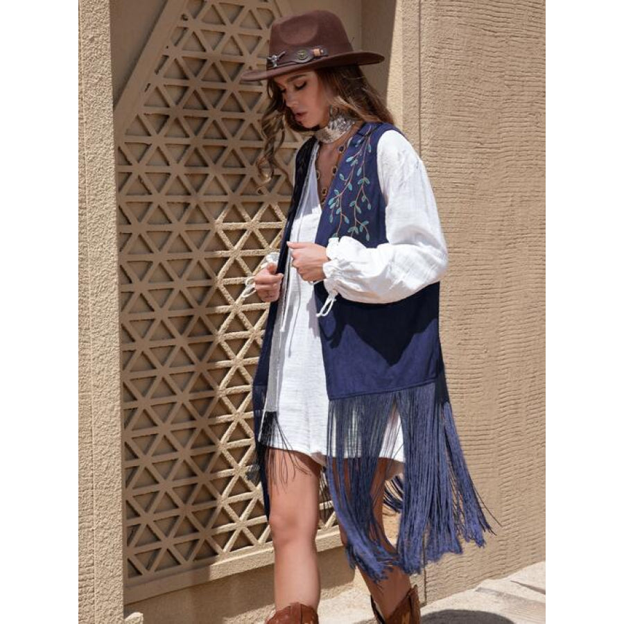 Fringe Hem Open Front Vest Clothing