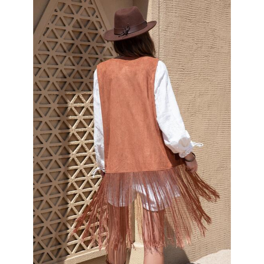Fringe Hem Open Front Vest Clothing