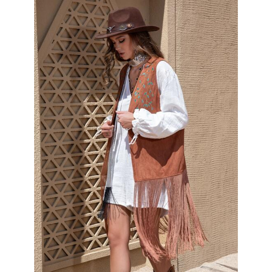 Fringe Hem Open Front Vest Clothing