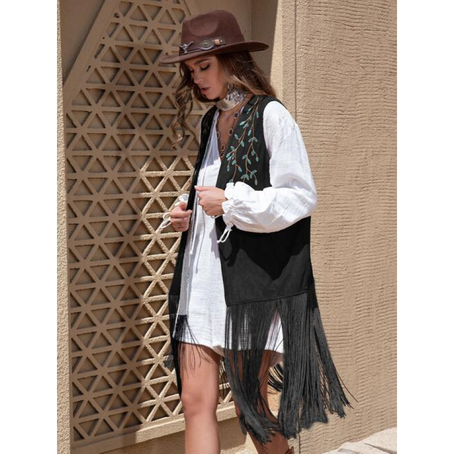 Fringe Hem Open Front Vest Clothing