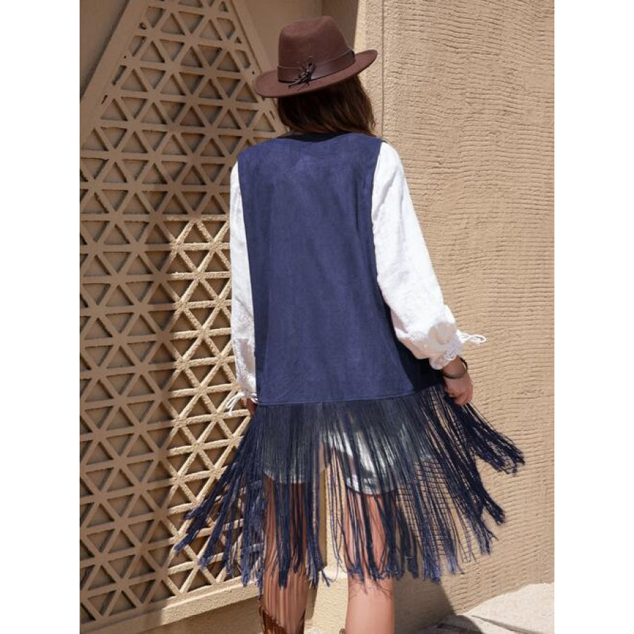 Fringe Hem Open Front Vest Clothing