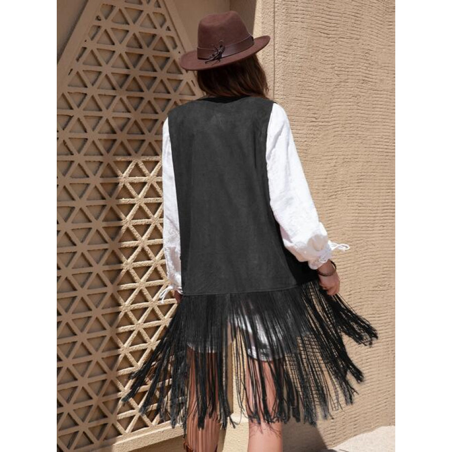 Fringe Hem Open Front Vest Clothing