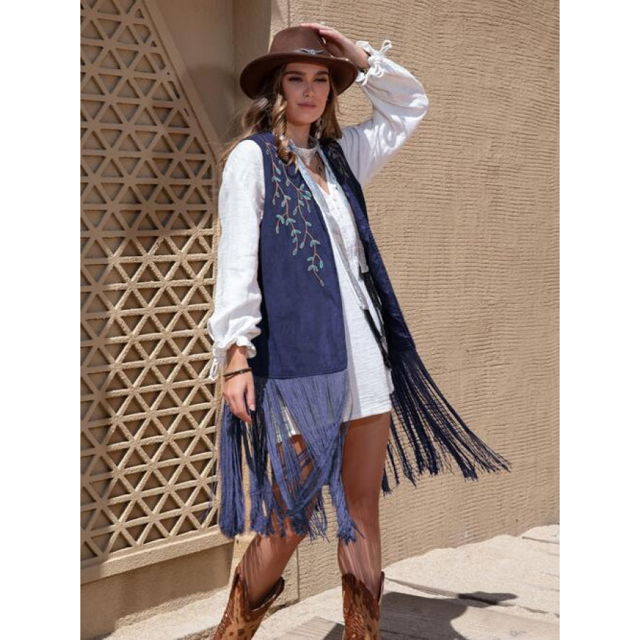Fringe Hem Open Front Vest Navy / S Clothing