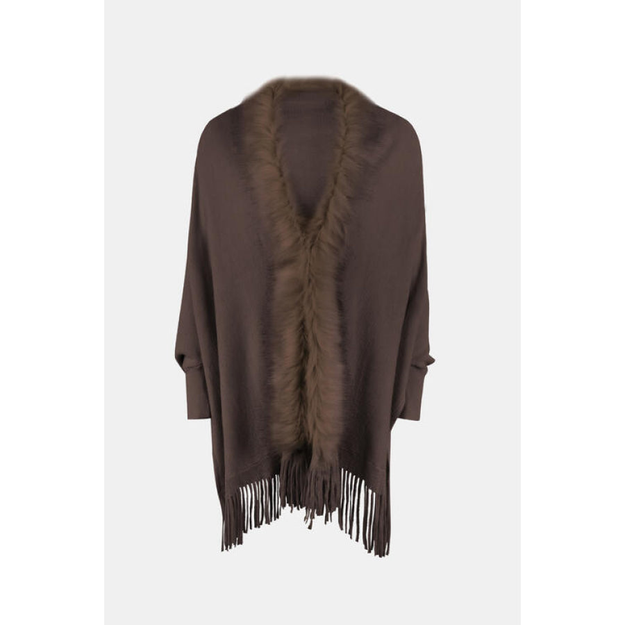 Fringe Open Front Long Sleeve Poncho Chocolate / One Size Clothing