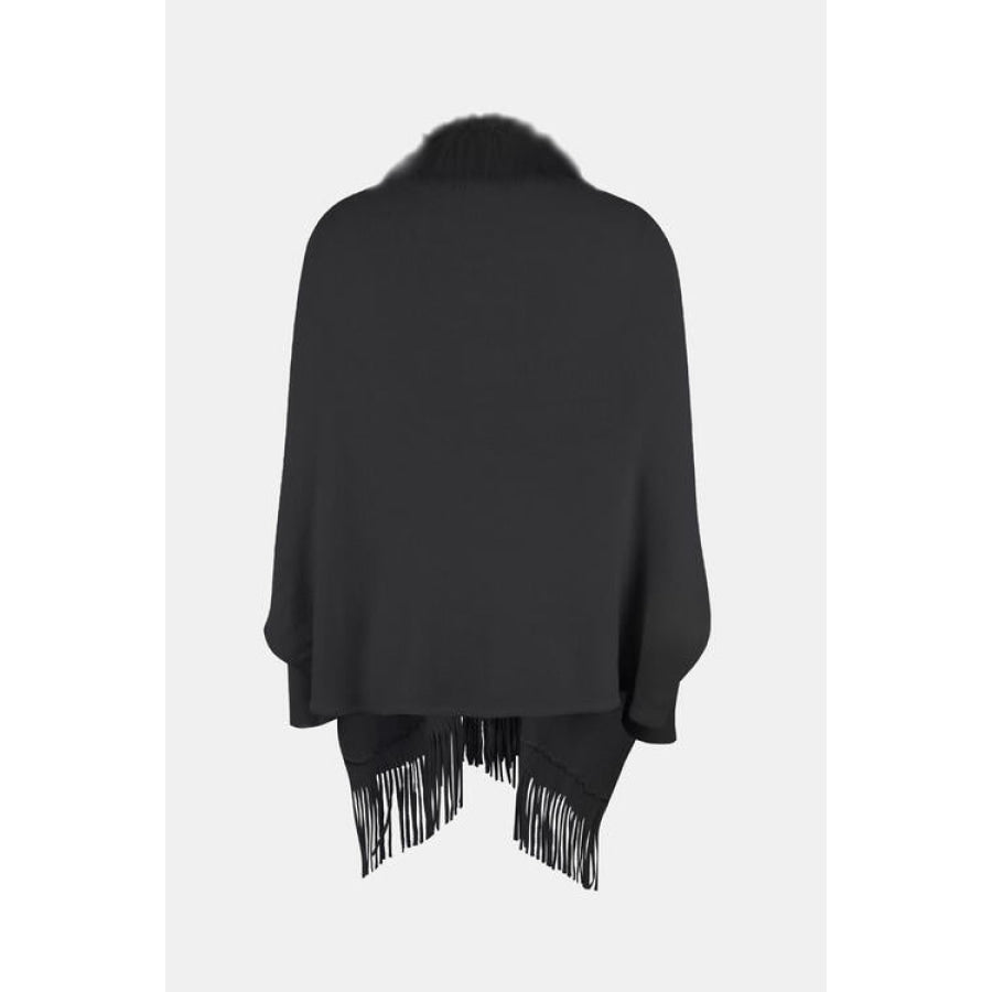 Fringe Open Front Long Sleeve Poncho Clothing